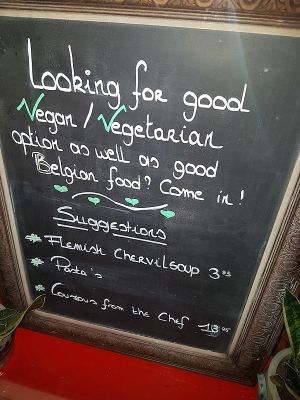 Vegan options / sign  at Charlotte's by De Brugsche Tafel in Bruges