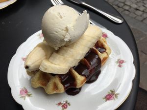 Vegan waffle with “Nutella”, banana and ice-cream  at Charlotte's by De Brugsche Tafel in Bruges