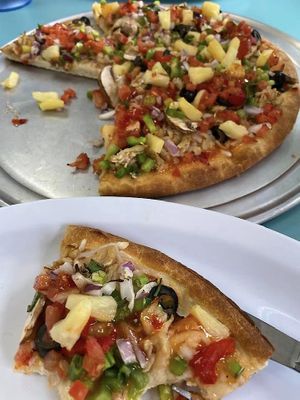 This Tahitian Pizza is out of this world!  Talk about yummy!!  And it's vegan too!    at Bluebird Pizza in Roseburg