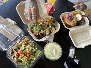 Cesar with tempeh, nacho special & sassie tempeh burger. at a'a Roots Health Cafe in Lahaina