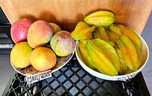 Mangos and starfruit for sale at a'a Roots Health Cafe in Lahaina