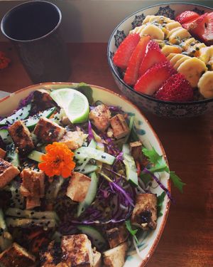 Soba Buddha bowl + passion fruit açai bowl at a'a Roots Health Cafe in Lahaina