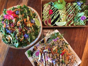 Kale salad, burrito bowl and soba bowl. at a'a Roots Health Cafe in Lahaina