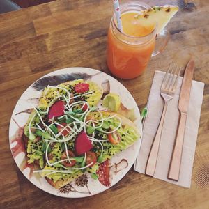Avo toast and juice at a'a Roots Health Cafe in Lahaina