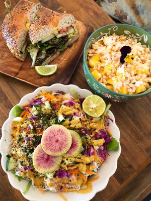 Bagel sandwich, Naked Summer Roll, and a Tropical Acai Bowl at a'a Roots Health Cafe in Lahaina