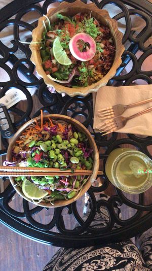 Tofu scramble, soba noodle, and pineapple Kombucha!  at a'a Roots Health Cafe in Lahaina