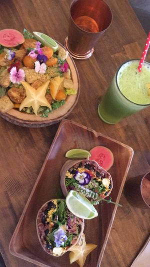 Breakfast burrito, Caesar salad, pep in yo step juice  at a'a Roots Health Cafe in Lahaina