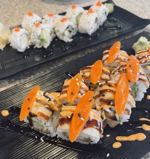 Mushroom lovers roll (front); vegan spider roll (back). Yummy!  at VeggiEAT - Henderson in Henderson