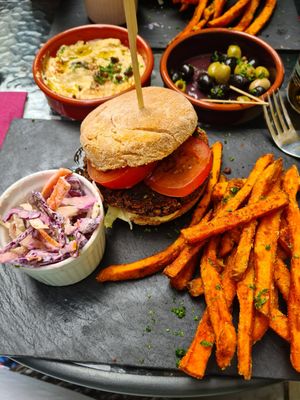 The gluten free vegan burger 🍔 at Colours Cafe & Wellbeing Centre in Truro