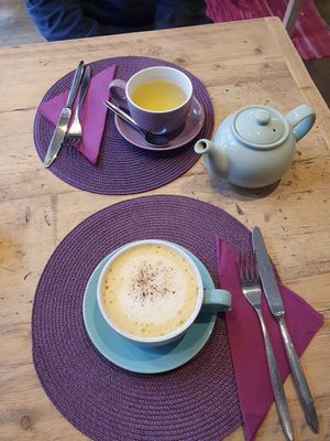 Turmeric latte and green tea at Colours Cafe & Wellbeing Centre in Truro