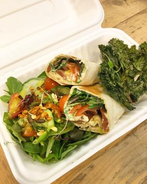 Takeaway Wrap with house salad and kale crisps at Colours Cafe & Wellbeing Centre in Truro