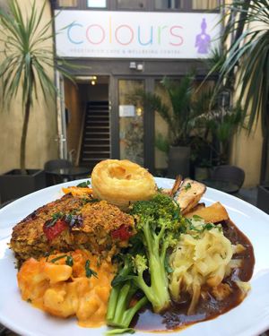 Vegan Roast served October-March  at Colours Cafe & Wellbeing Centre in Truro