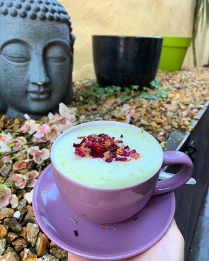 Rose & Matcha with coconut milk at Colours Cafe & Wellbeing Centre in Truro