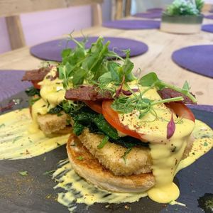 Vegan benedict at Colours Cafe & Wellbeing Centre in Truro
