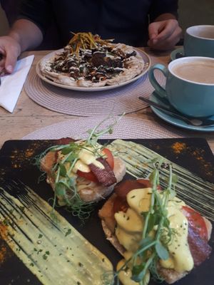 Vegan Benedict and flat bread  at Colours Cafe & Wellbeing Centre in Truro
