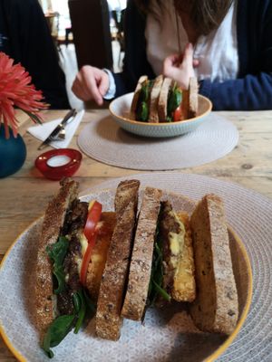 Vegan brunch sandwich. Vegan sausage pattie, scrambled tofu, Leek and apple chutney, vegan cheese and granary bread. Yum.  #Veganuary at Colours Cafe & Wellbeing Centre in Truro