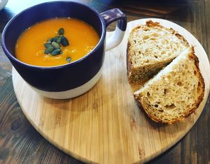 Vegan Sweet potato and red lentil soup  at Colours Cafe & Wellbeing Centre in Truro