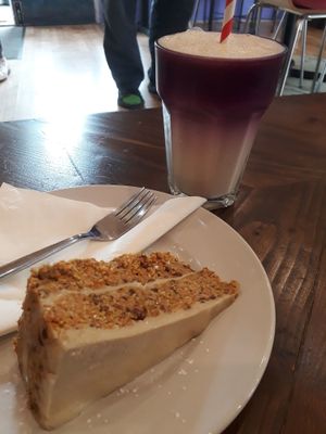 Raw carrot cake and smoothie at Colours Cafe & Wellbeing Centre in Truro