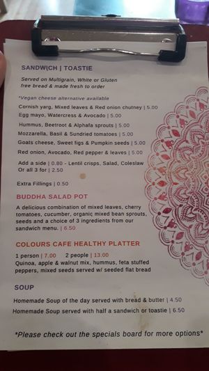 Menu at Colours Cafe & Wellbeing Centre in Truro