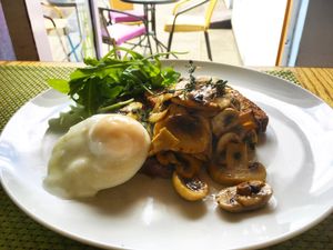 Mushrooms & Thyme on Rye toast with a poached egg at Colours Cafe & Wellbeing Centre in Truro