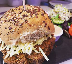 Vegan mushroom and walnut burger at Colours Cafe & Wellbeing Centre in Truro