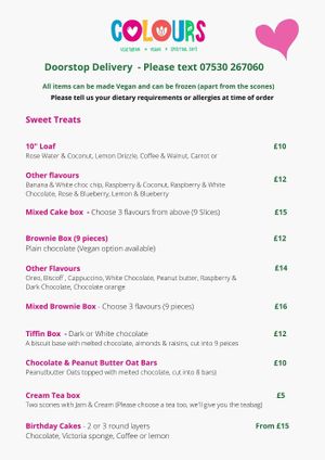 Delivery Menu  at Colours Cafe & Wellbeing Centre in Truro