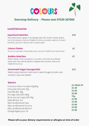 Delivery Menu at Colours Cafe & Wellbeing Centre in Truro