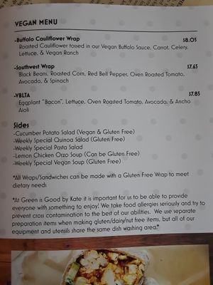 Vegan menu options at Green is Good by Kate in Crown Point