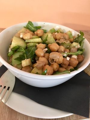 chickpea cucumber arugula salad with vegan feta cheese 💚 at Green Bean in Brezice