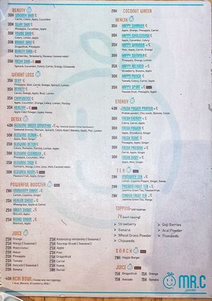 Drinks menu at Mr C Juicebar in 