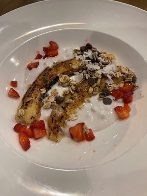 Vegan heaven - tapioca pudding, brûlée banana, house made granola, berries at Twisted Fern in Park City