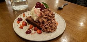 brownie with chestnut mousee and berries at Twisted Fern in Park City