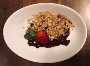 Strawberry tapioca pudding, coconut-chocolate granola, fresh strawberry at Twisted Fern in Park City