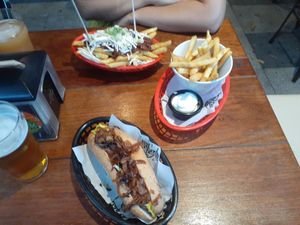Vego chilli+fries and polish hot dog (mayo vegan) at Tippler's Tap in South Brisbane