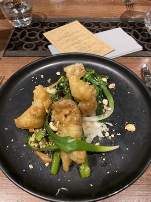 Tenderstem Broccoli with tempura leaves and hazelnuts at Ubiquitous Chip in Glasgow