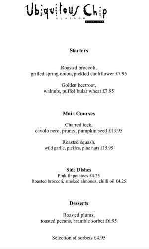 Example menu at Ubiquitous Chip in Glasgow