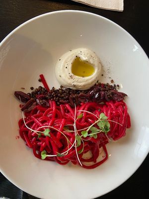 Beetroot and lentil pasta - bit of a boring flavour though attractive look   at Green Man's Arms in Carlton