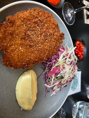 Eggplant schnitzel, always a hot favourite   at Green Man's Arms in Carlton