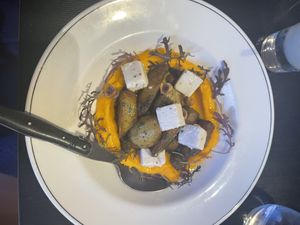 Artichoke salad with carrot purée and vegan feta   at Green Man's Arms in Carlton