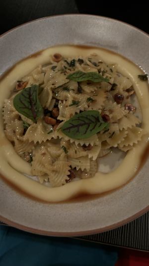 Farfalle pasta. This is my favourite pasta dish they’ve had on the menu. I like the parsnip cream and the toasted hazelnuts are delicious.  at Green Man's Arms in Carlton