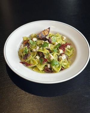 Farfalle pasta with basil gremolata, sundried tomatoes and almond + cashew feta at Green Man's Arms in Carlton