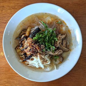 Cold Shiitake Noodle Soup with #sixeyedscorpion chilli oil, marinated eggplant, pickled daikon, potato noodles, shiitake mushrooms, in dashi broth at Green Man's Arms in Carlton