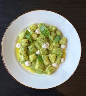 Pumpkin seed and basil pesto gnocchi with housemade cashew curd at Green Man's Arms in Carlton
