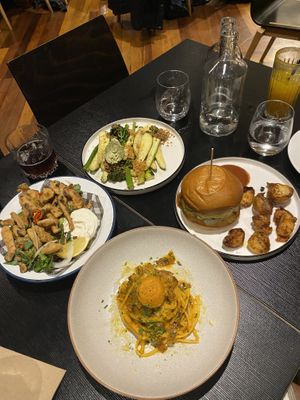 broccolini, cheeseburger, carbonara, calamari   at Green Man's Arms in Carlton