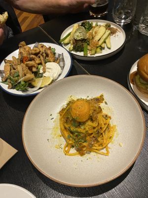 carbonara, calamari, broccolini   at Green Man's Arms in Carlton