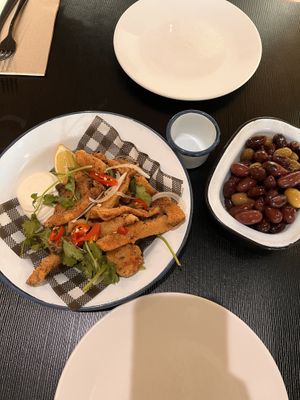 King oyster calamari and olives   at Green Man's Arms in Carlton