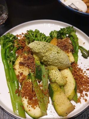 Sauteed broccolini w/whipped green goddess butter, anchovy crumb, chive $18.00: good at Green Man's Arms in Carlton