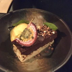 PASSIONFRUIT GATEAU
passionfruit sorbet, salted chocolate delice, vanilla sponge.  Found the chocolate a bit strong in this dish at Green Man's Arms in Carlton