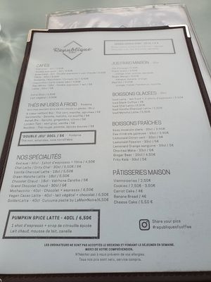 Drinks menu at Republique of Coffee in Paris