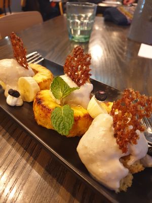 Beautiful GF Rum cake with banana and pineapple at Atticus Finch in Rotorua